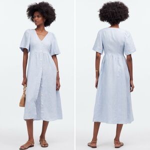 Madewell Cassie Button-Front Linen Striped Midi Dress in Powder Blue Size Small